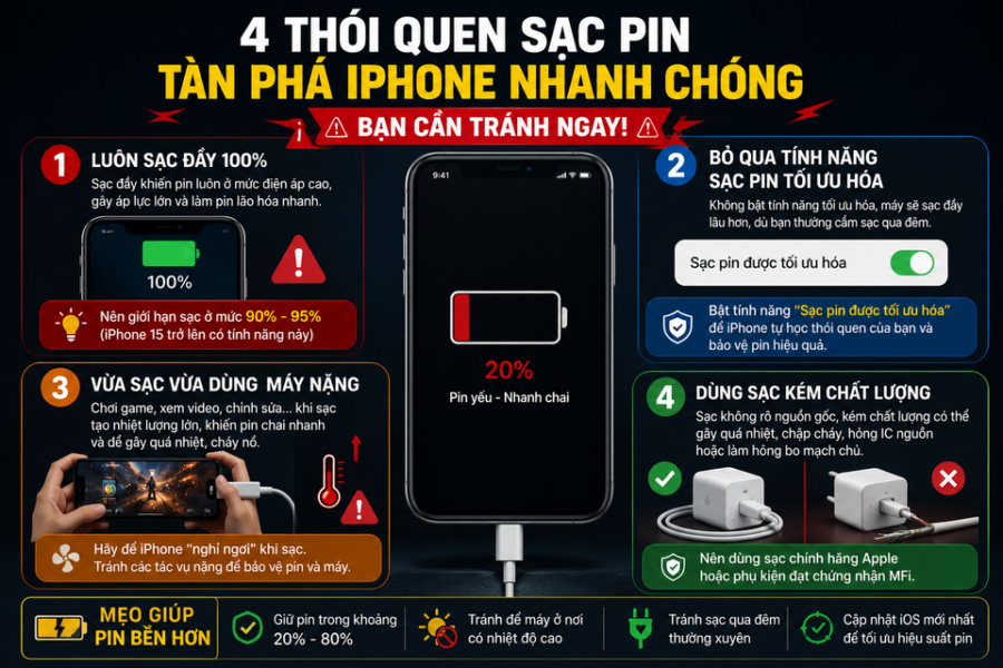 Bốn Thói Quen Sạc Pin Cần Tránh Để Bảo Vệ iPhone Tốt Hơn